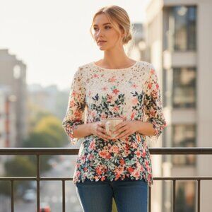 NWOT Charter Club Light Beige Floral Blouse Top